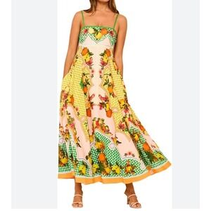 Caroline Constas Fruit Print Smocked Linen-Blend Sundress Size S